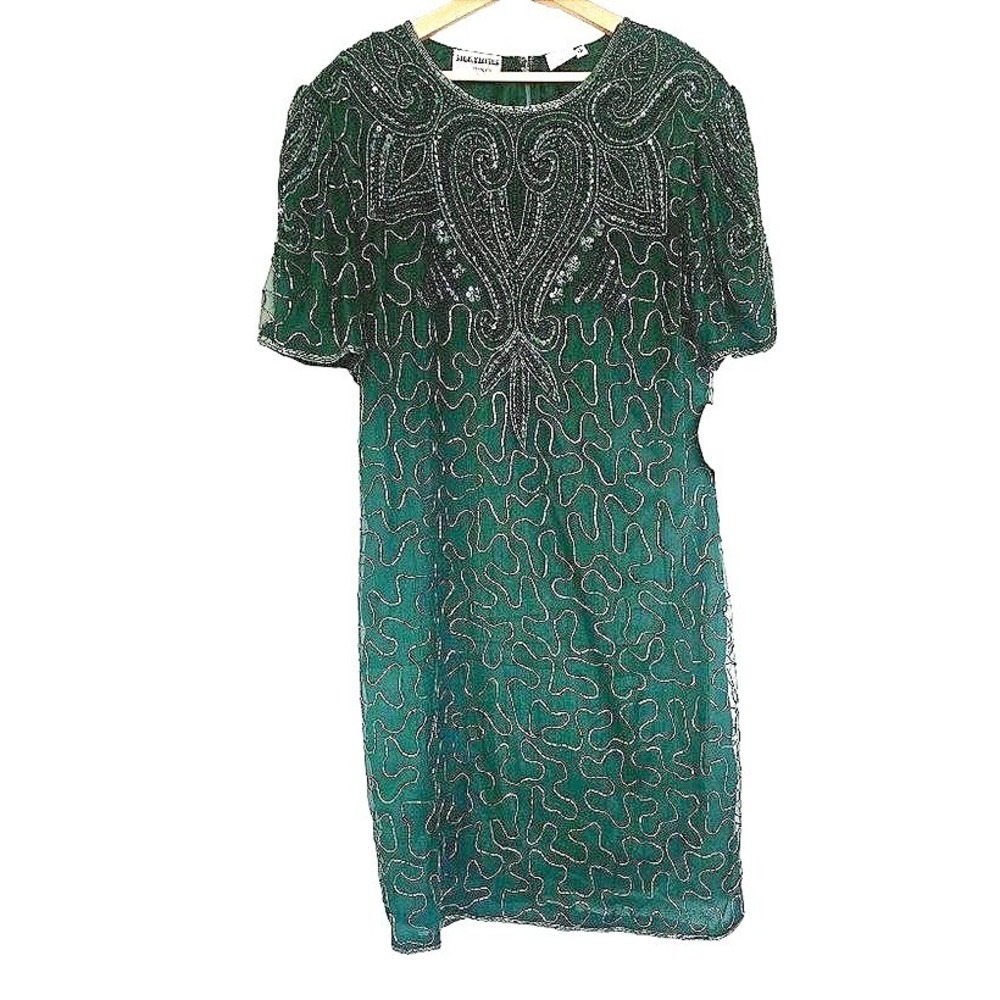 Vintage‎ Silk Green Beaded Shift Dress short sleeve Size 16 Silky Nites New